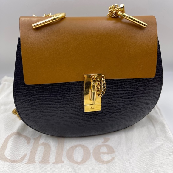 Chloe drew chain leather shoulder crossbody bag navy blue and camel women - Picture 4 of 15